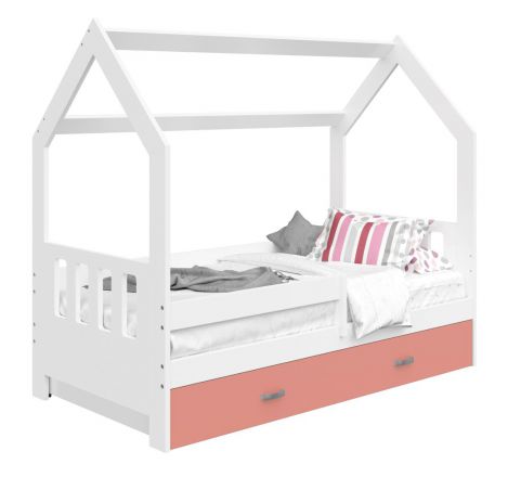 Children's bed / house bed, solid pine wood, White lacquered D3C, drawer: pink, incl. slatted frame - Lying surface: 80 x 160 cm (w x l)