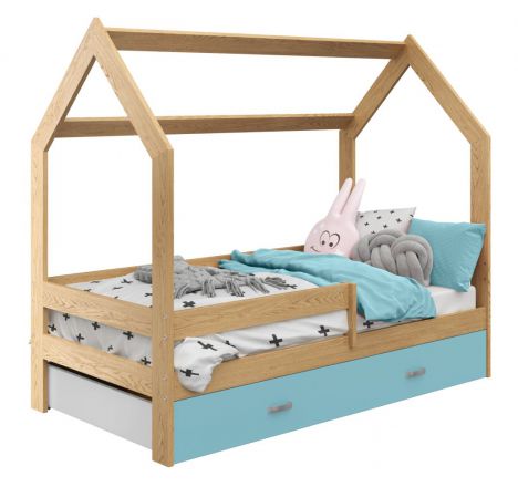 Children's bed / House bed, solid pine wood, Natural D3, drawer: blue, incl. slatted frame - Lying surface: 80 x 160 cm (w x l)