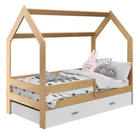 Children's bed / House bed, solid pine wood, Natural D3, drawer: white, incl. slatted frame - Lying surface: 80 x 160 cm (w x l)