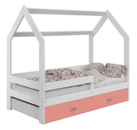 Children's bed / House bed, solid pine wood, White lacquered D3, drawer: pink, incl. slatted frame - Lying surface: 80 x 160 cm (w x l)