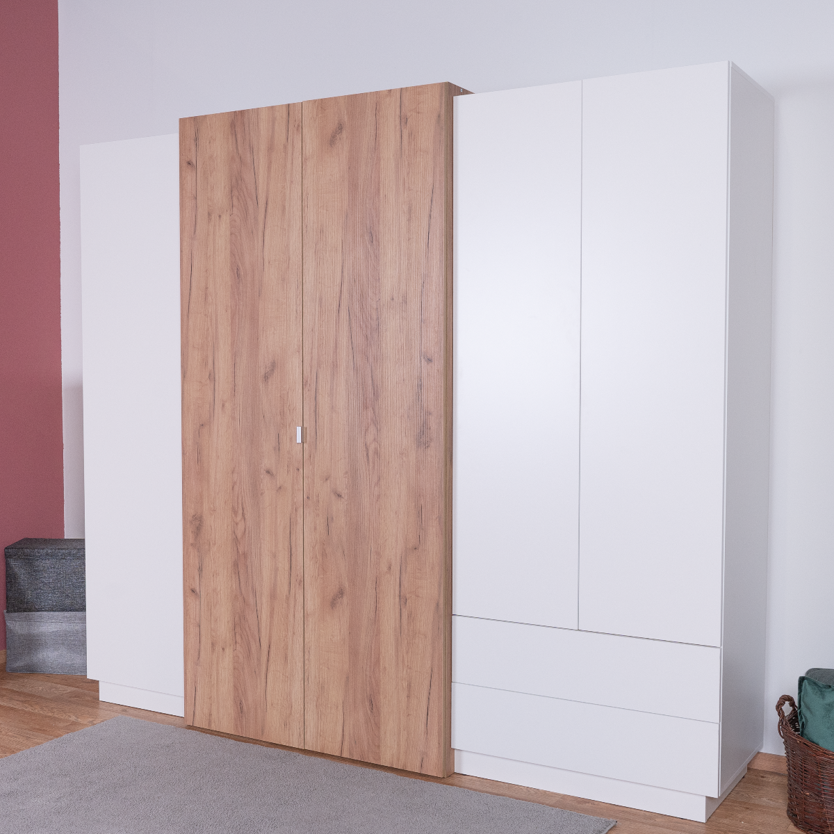 Hinged door cabinet / Closet Gremda 05, Colour: Oak / White - 202 x 230 x 52 cm (H x W x D)