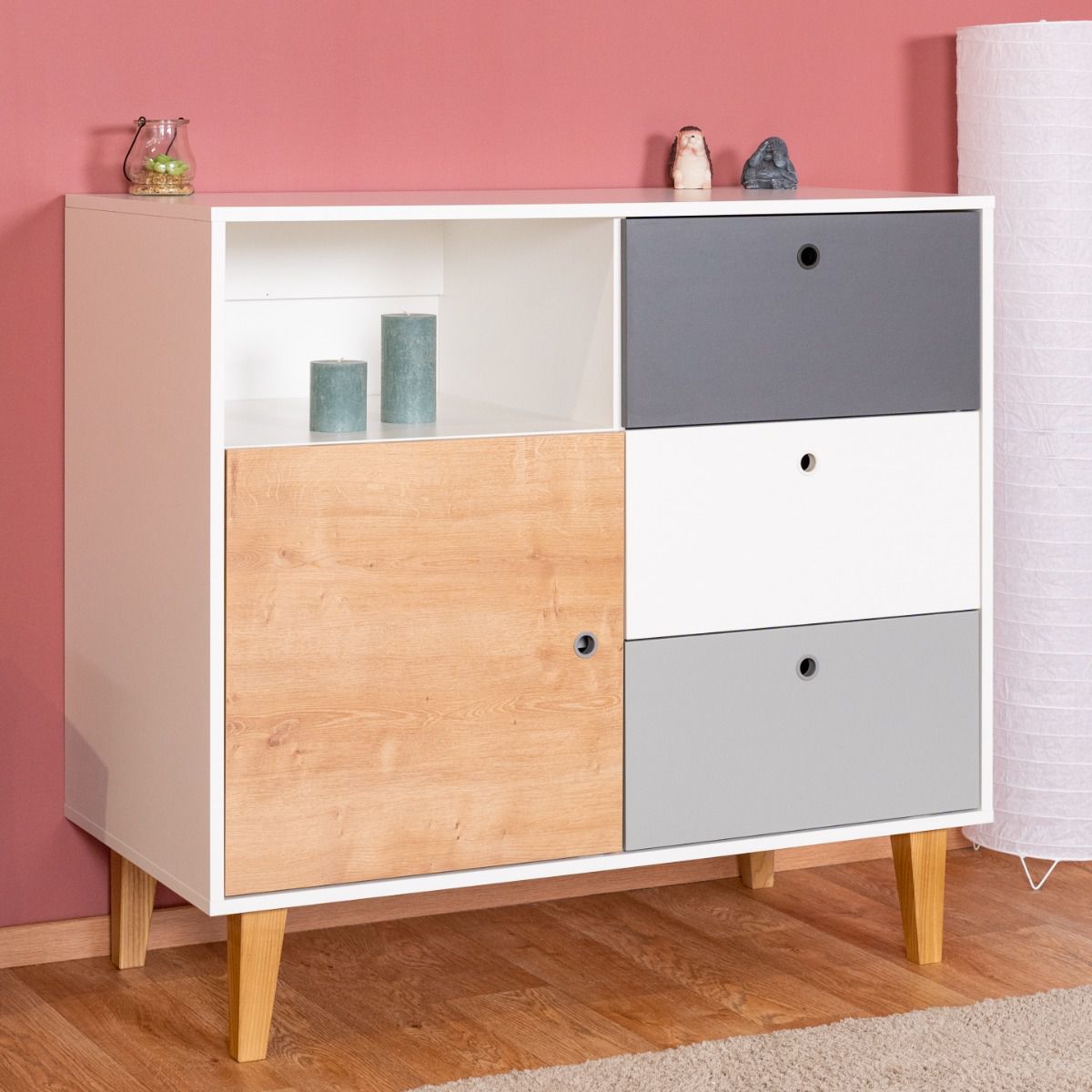 Children's room - Chest of drawers Syrina 03, Colour: White / Grey / Oak - measurements: 97 x 104 x 55 cm (h x w x d)