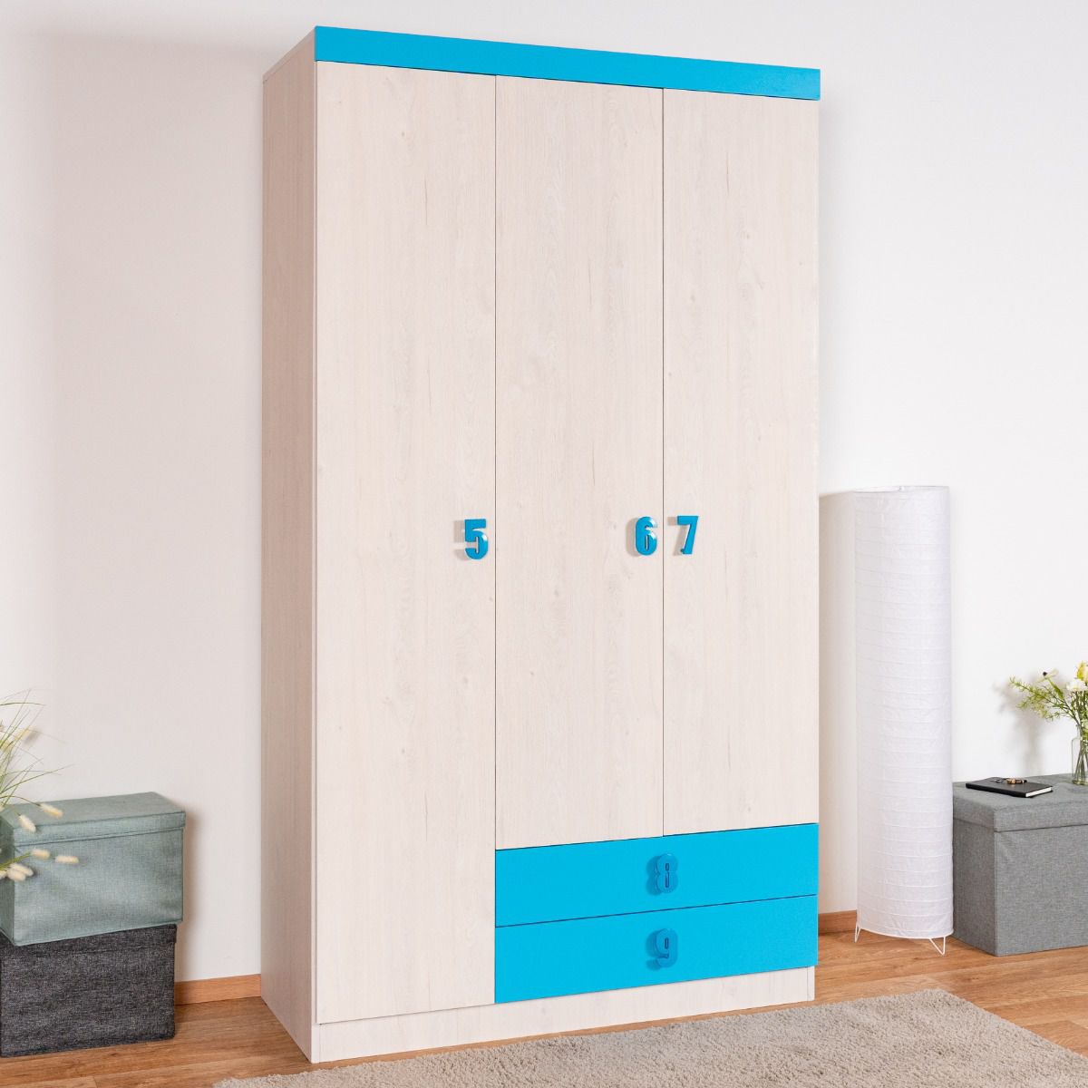 Children's room - Hinged door wardrobe / closet Luis 21, color: oak white / blue - 218 x 120 x 52 cm (H x W x D)