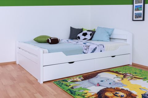 Youth bed ' Easy Premium Line ® ' K5, with 2 drawers and 2 cover panels, 140 x 200 cm Beech solid wood white lacquered, incl. slats