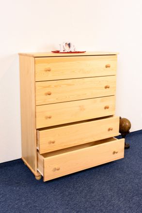 5 Drawer Chest Junco 139, solid pine wood, clearly varnished - H123 x W100 x D42 cm