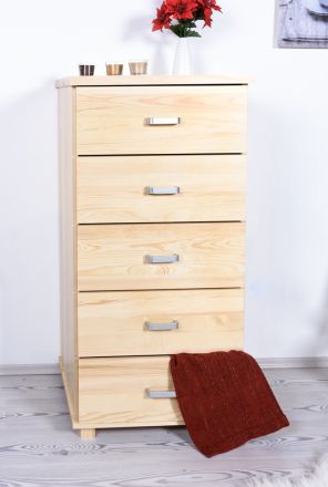 Narrow 5 Drawer Storage Cabinet Columba 15, solid pine wood, clearly varnished - H124 x W60 x D50 cm