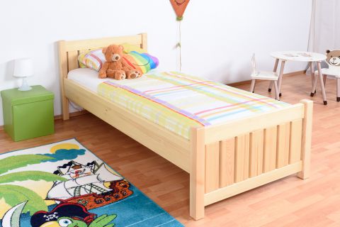 Children's bed / Youth bed 66, solid pine wood, clearly varnished, incl. slatted bed frame - 90 x 200 cm