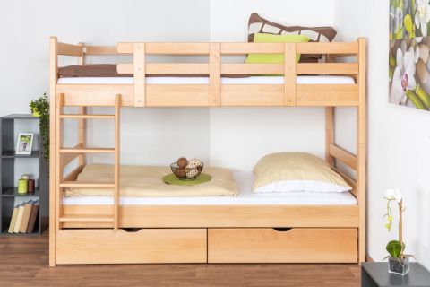 Bunk bed for adults "Easy Premium Line" K20/n incl. 2 drawers and 2 cover panels, head and footboard straight, solid beech wood, natural - Lying surface: 90 x 200 cm, divisible