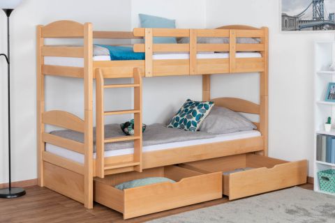 Bunk bed for adults "Easy Premium Line" K21/n incl. 2 drawers and 2 cover panels, head and foot part rounded, solid beech wood, natural - 90 x 200 cm (w x l), divisible