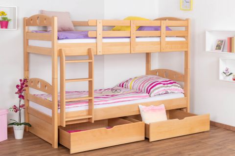 Bunk bed "Easy Premium Line" K19/n incl. 2 drawers and 2 cover panels, head and foot part with holes, solid beech wood natural - 90 x 200 cm (w x l), divisible