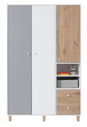 Children's room - Hinged door cabinet / Closet Burdinne 01, Colour: White / Oak / Grey - Measurements: 190 x 120 x 50 cm (H x W x D).