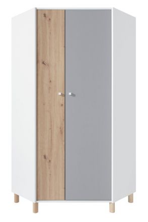 Children's room - Hinged door cabinet / Corner Closet Burdinne 02, Colour: White / Oak / Grey - Measurements: 190 x 90 x 90 cm (H x W x D).