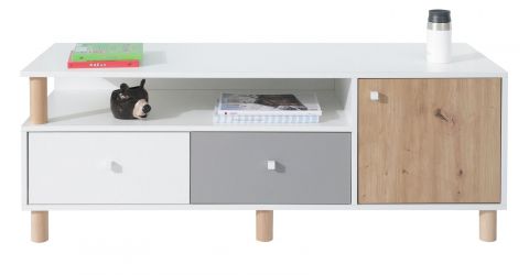 Children's room - TV base cabinet Burdinne 08, Colour: White / Oak / Grey - Measurements: 50 x 140 x 50 cm (H x W x D)