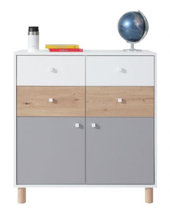 Children's room - Chest of drawers Burdinne 10, Colour: White / Oak / Grey - Measurements: 90 x 85 x 40 cm (H x W x D)