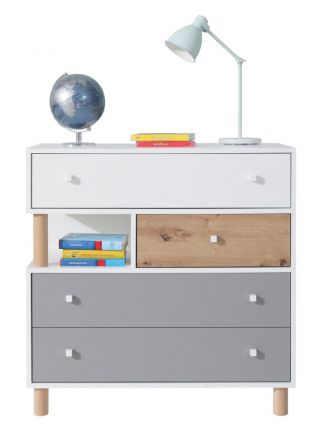 Children's room - Chest of drawers Burdinne 11, Colour: White / Oak / Grey - Measurements: 90 x 90 x 40 cm (H x W x D)
