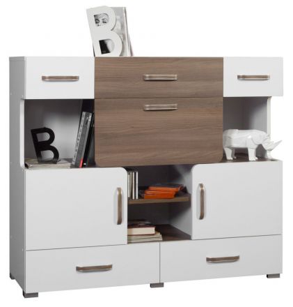 Bulolo 13 chest of drawers, colour: White / Walnut - Measurements: 103 x 120 x 44 cm (H x W x D)
