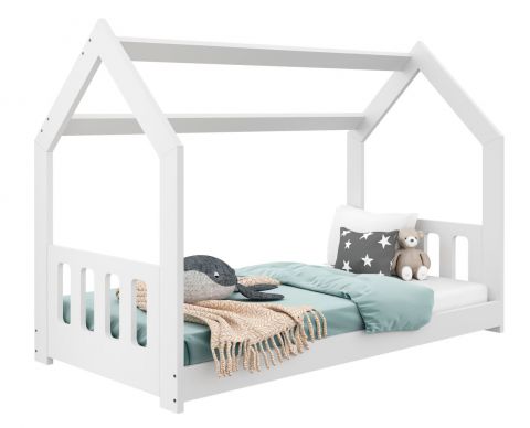 Children's bed / house bed, solid pine wood, White lacquered D2C, incl. slatted frame - Lying surface: 80 x 160 cm (w x l)