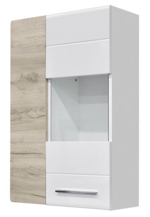 Wall display case Colmenar 02, Colour: Grey Oak / Glossy White - Measurements: 99 x 65 x 27 cm (H x W x D)