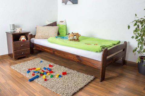 Children's bed / Youth bed A11, solid pine wood, nut-brown coloured, incl. slatted frame - size 90 x 200 cm