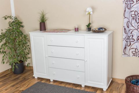 Sideboard Junco 162, 2 doors, 4 drawers, solid pine wood, white painted – H100 x W160 x D42 cm