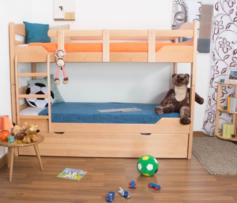 Bunk bed "Easy Premium Line" K13/h incl. trundle bed frame and cover plates, solid beech wood, clearly varnished - 90 x 200 cm 