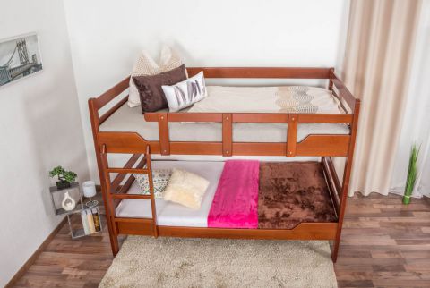 Adult bunk bed K16/n, straight head and foot board, solid beech wood cherry tree color - Sleeping area: 120 x 200 cm, divisible