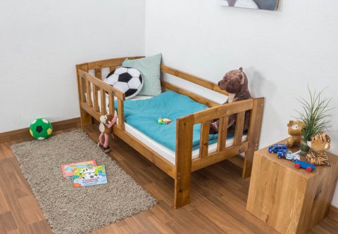 Toddler bed A17, solid pine wood, oak finish, with slats and safety rails - 70 x 160 cm 
