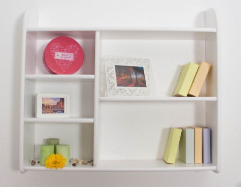 Wall shelf 017 with 5 compartments, solid pine wood, white finish - H90 x W100 x D20 cm
