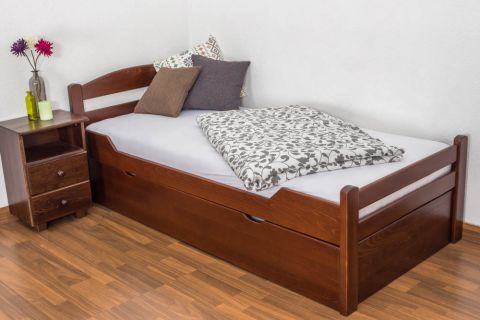 Single bed "Easy Premium Line" K1/2h incl. trundle bed frame and cover plates, solid beech wood, dark brown - 90 x 200 cm