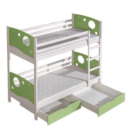Children bed / bunk bed Milo 27 incl. 2 drawers, Colour: White / Green, partial solid wood, Lying surface: 80 x 190 cm (W x L), divisible