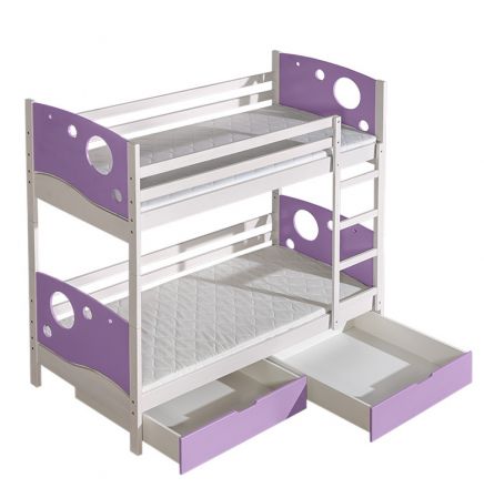 Children bed / Bunk bed Milo 27 incl. 2 drawers, Colour: White / Purple, partial solid wood, Lying surface: 80 x 190 cm (W x L), divisible