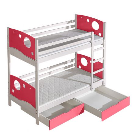 Children bed / Bunk bed Milo 27 incl. 2 drawers, Colour: White / Pink, partial solid wood, Lying surface: 80 x 190 cm (W x L), divisible
