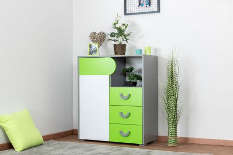 Children's room - Chest of drawers Klemens 06, Colour: Green / white / Grey - Measurements: 94 x 80 x 38 cm (h x w x d)