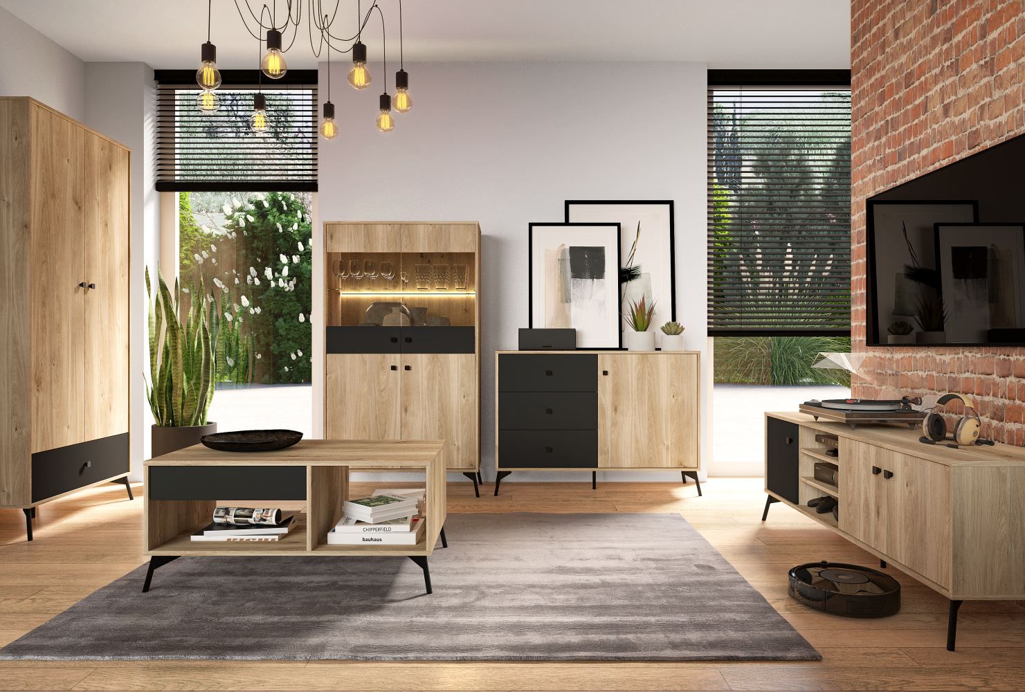 Living room complete - Set A Lincolnia, 5 pieces, Colour: Oak / Black