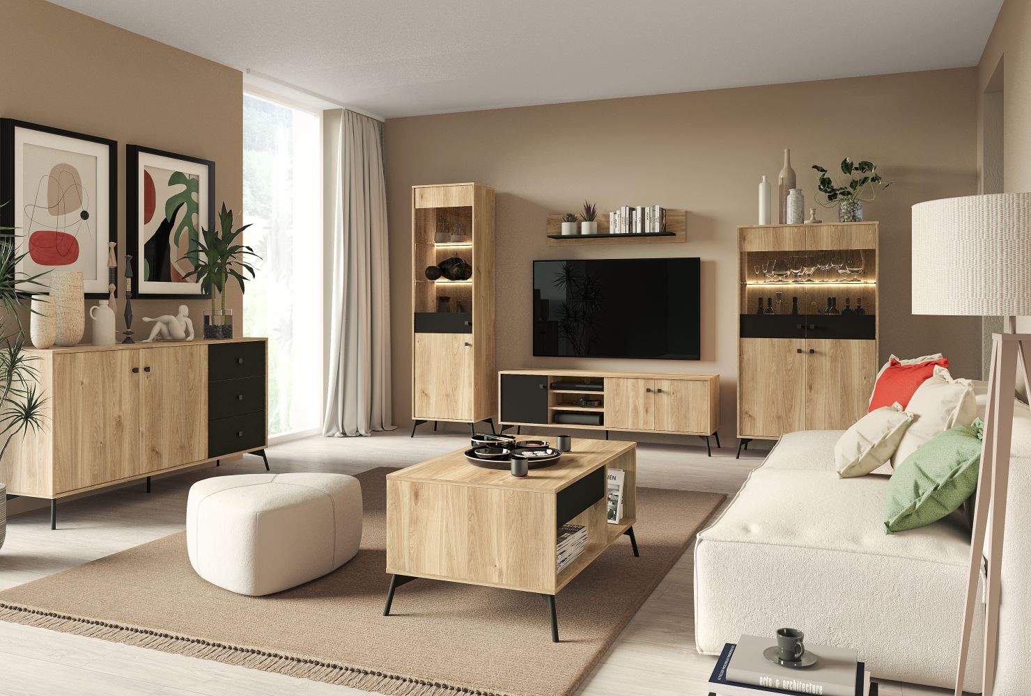 Living room complete - Set B Lincolnia, 6 pieces, Colour: Oak / Black