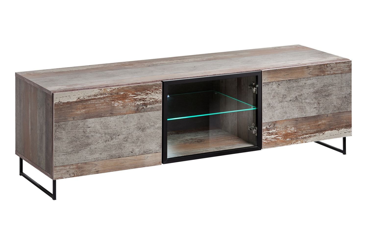 TV cabinet in rustic design Hundvin 04, color: oak canion / black - dimensions: 44 x 150 x 45 cm (H x W x D), with four compartments