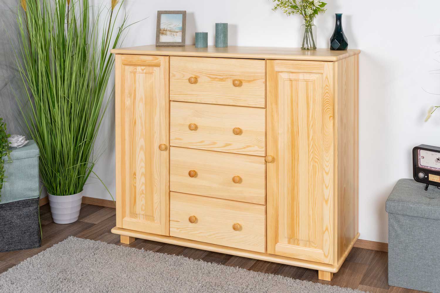 Sideboard 042, 4 drawer, 2 door, solid pine wood, clearly varnished - 100H x 118W x 47D cm 