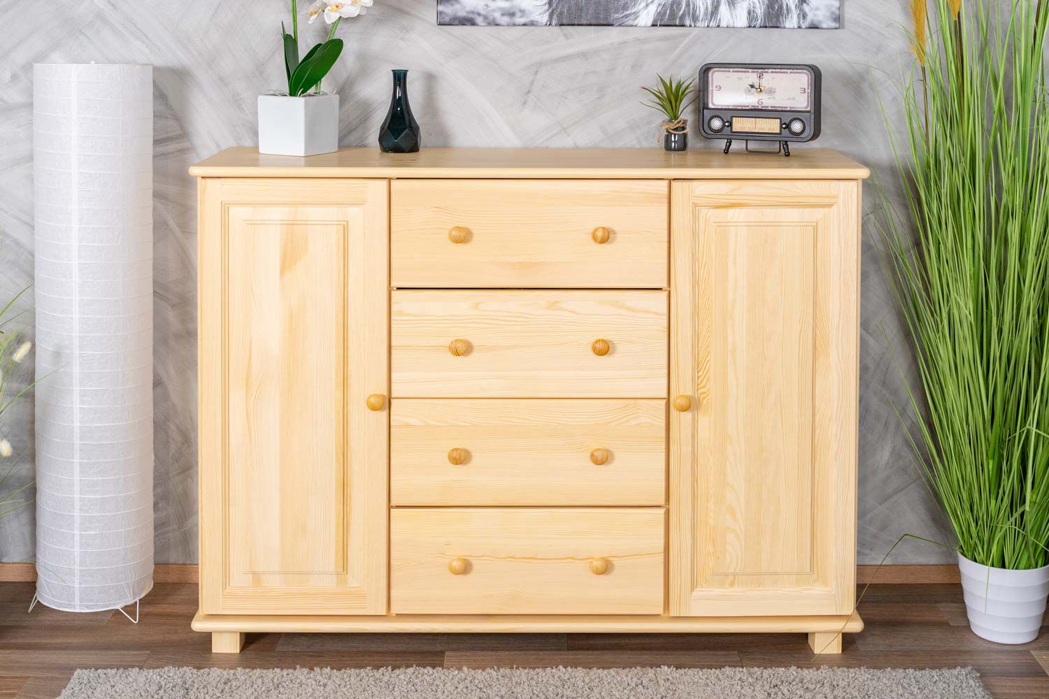 Sideboard 044, 4 drawer, 2 door, solid pine wood, clearly varnished - 100H x 136W x 42D cm 