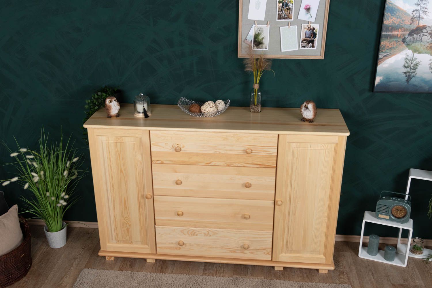 Sideboard 060, 4 drawer, 2 door, solid pine wood, clearly varnished - H100 x W156 x D42 cm 