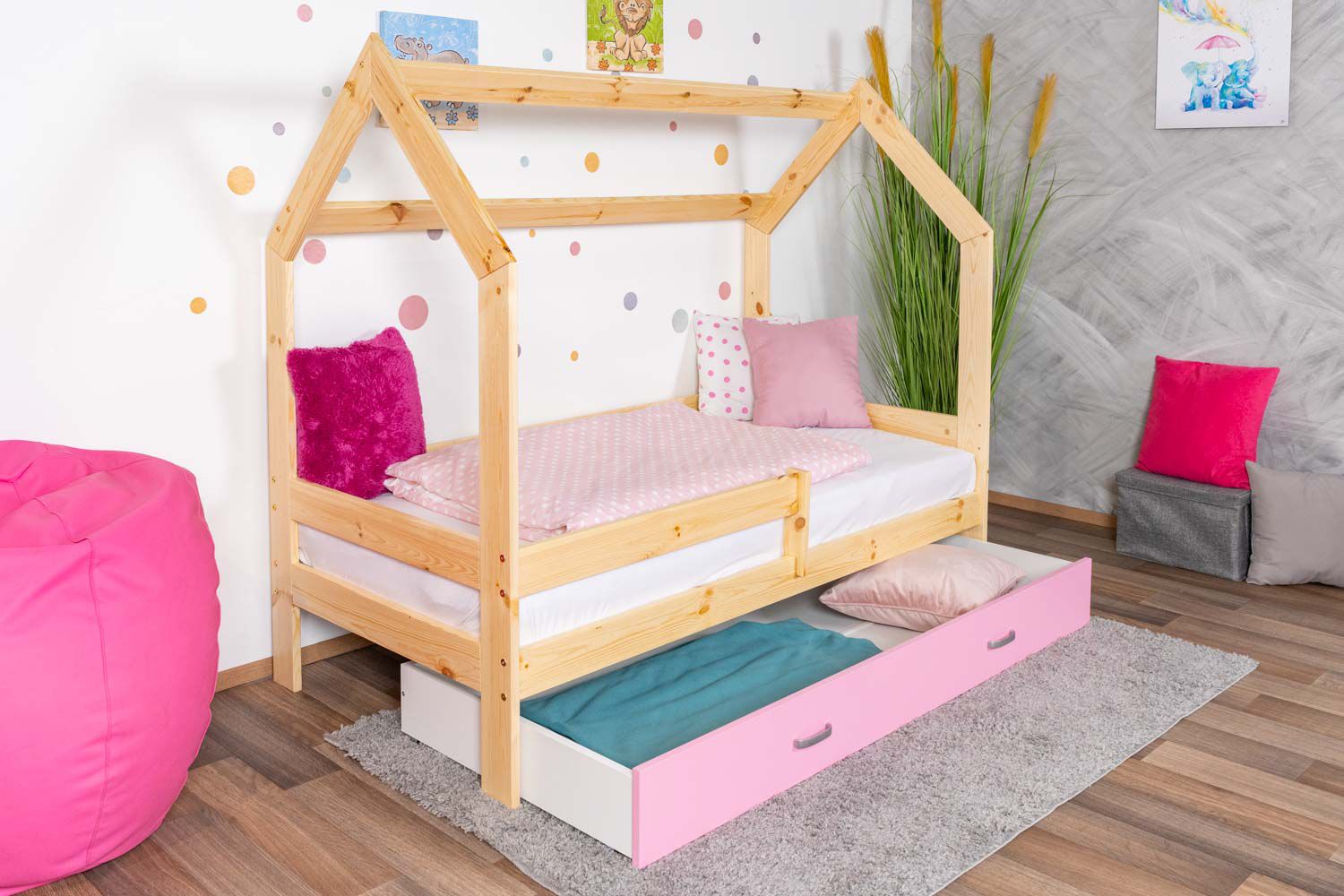Children's bed / House bed, solid pine wood, Natural D3, drawer: pink, incl. slatted frame - Lying surface: 80 x 160 cm (w x l)