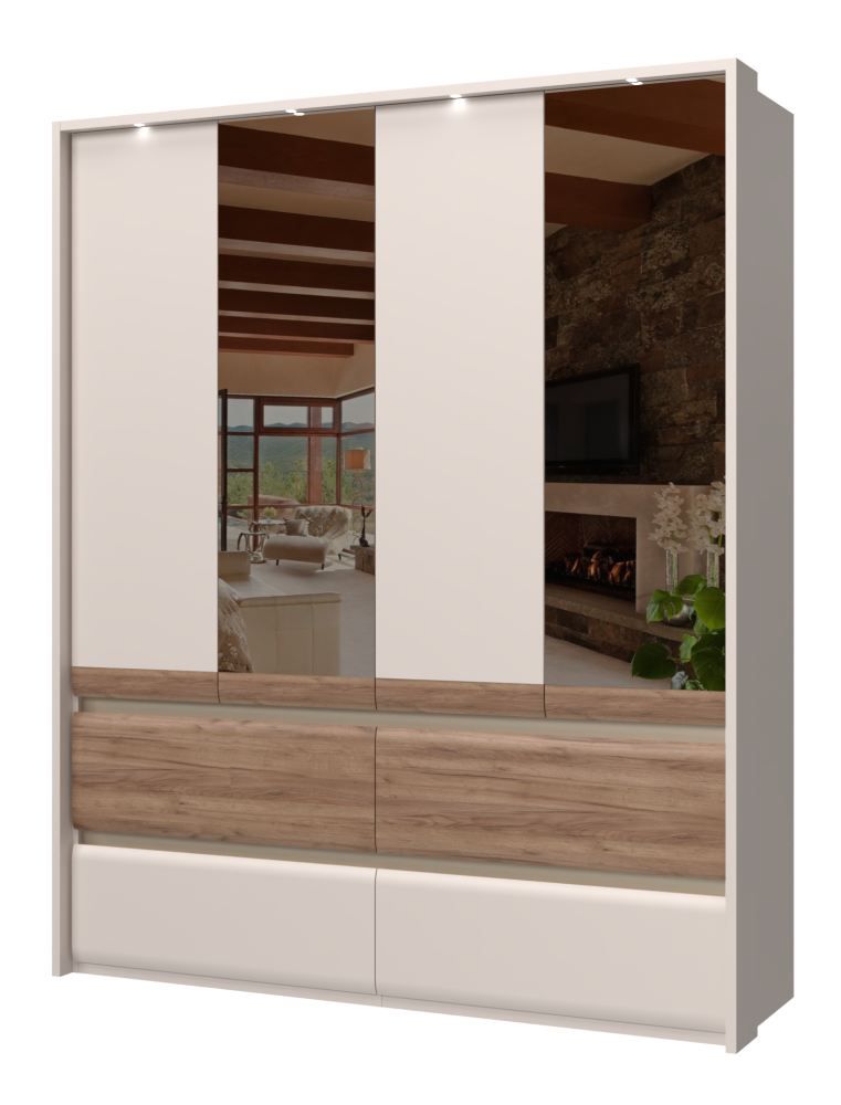 Closet with mirror Papauta 06, Colour: Cashmere / Dark Oak - Measurements: 226 x 187 x 60 cm (H x W x D)