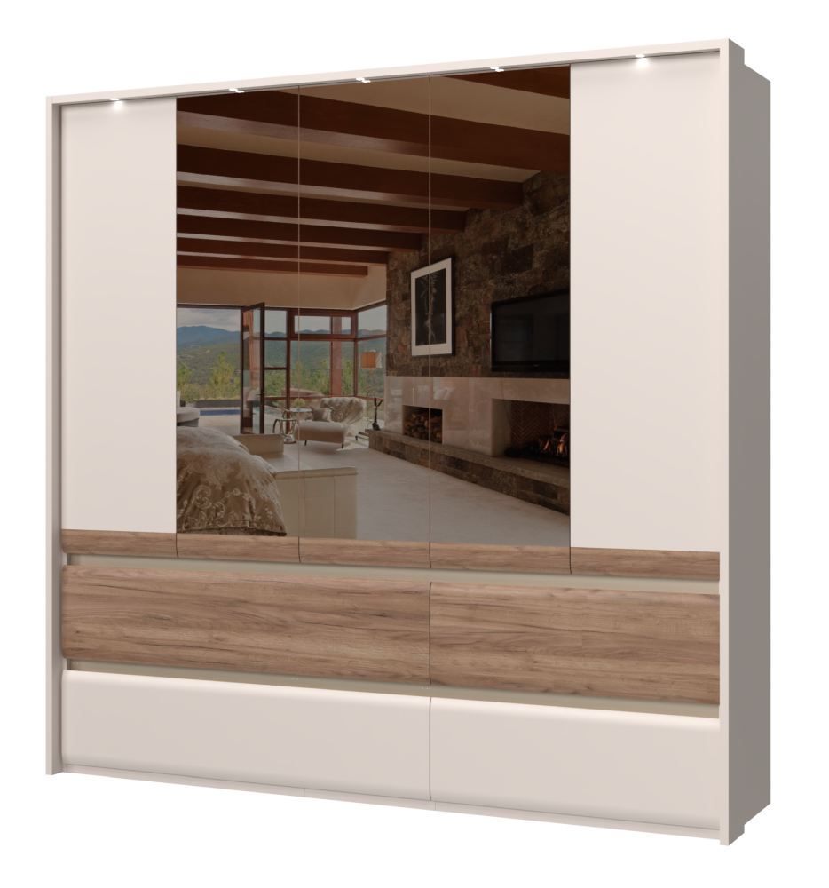 Closet with mirror Papauta 10, Colour: Cashmere / Dark Oak - Measurements: 226 x 232 x 60 cm (H x W x D)