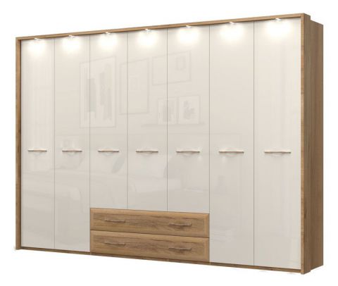 Hinged door cabinet / Closet with LED frame Gataivai 60, Colour: Beige high gloss / Wallnut - Measurements: 224 x 272 x 56 cm (H x W x D).