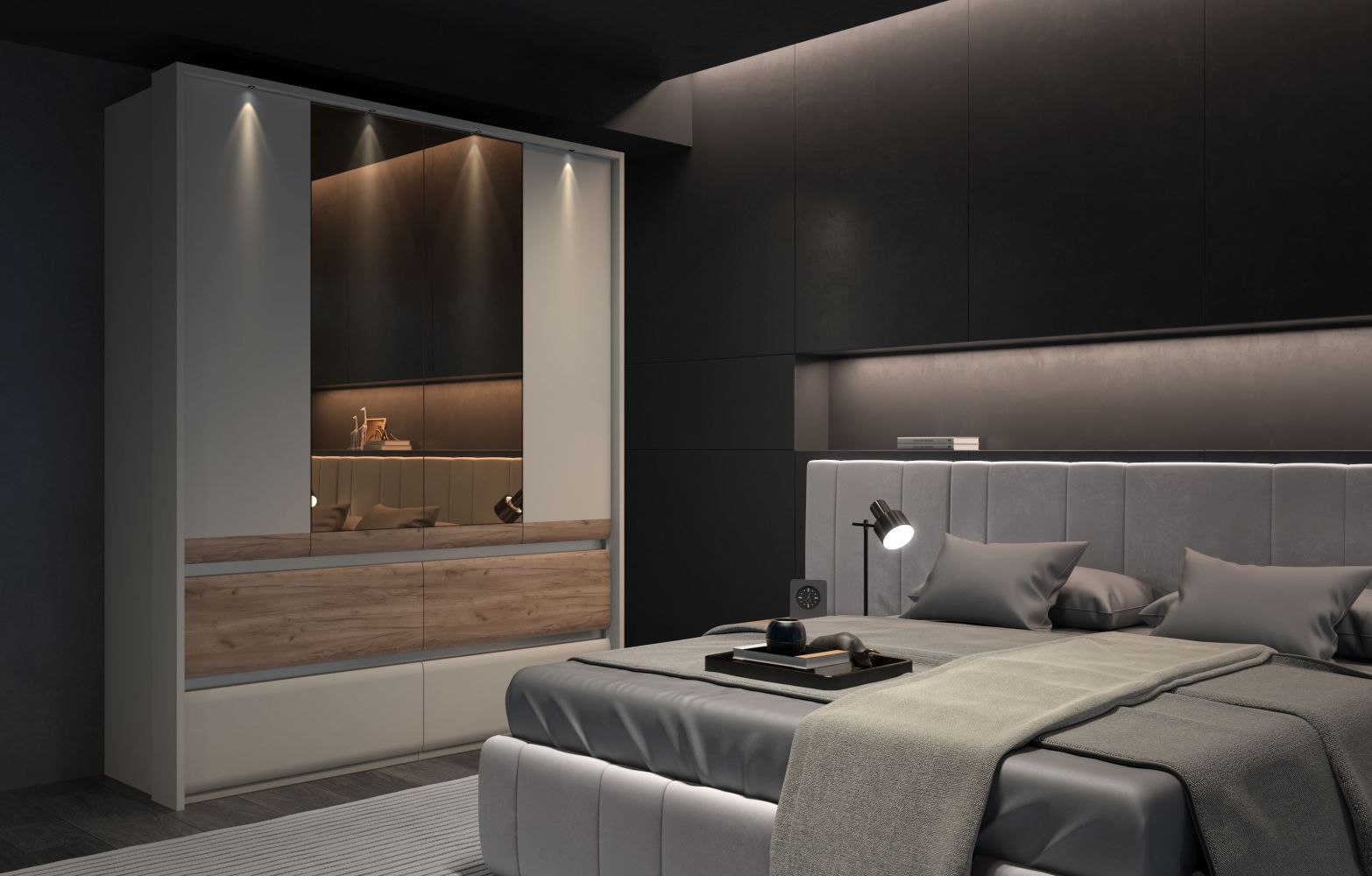 Bedroom complete - Set C Papauta, 6-piece, cashmere / dark oak / Grey