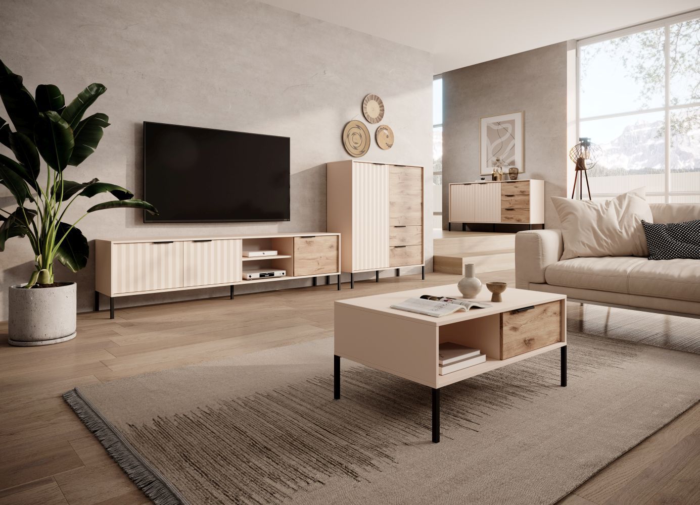 Living room complete - Set B Fouchana, 4 pieces, Colour: Beige / Oak Viking