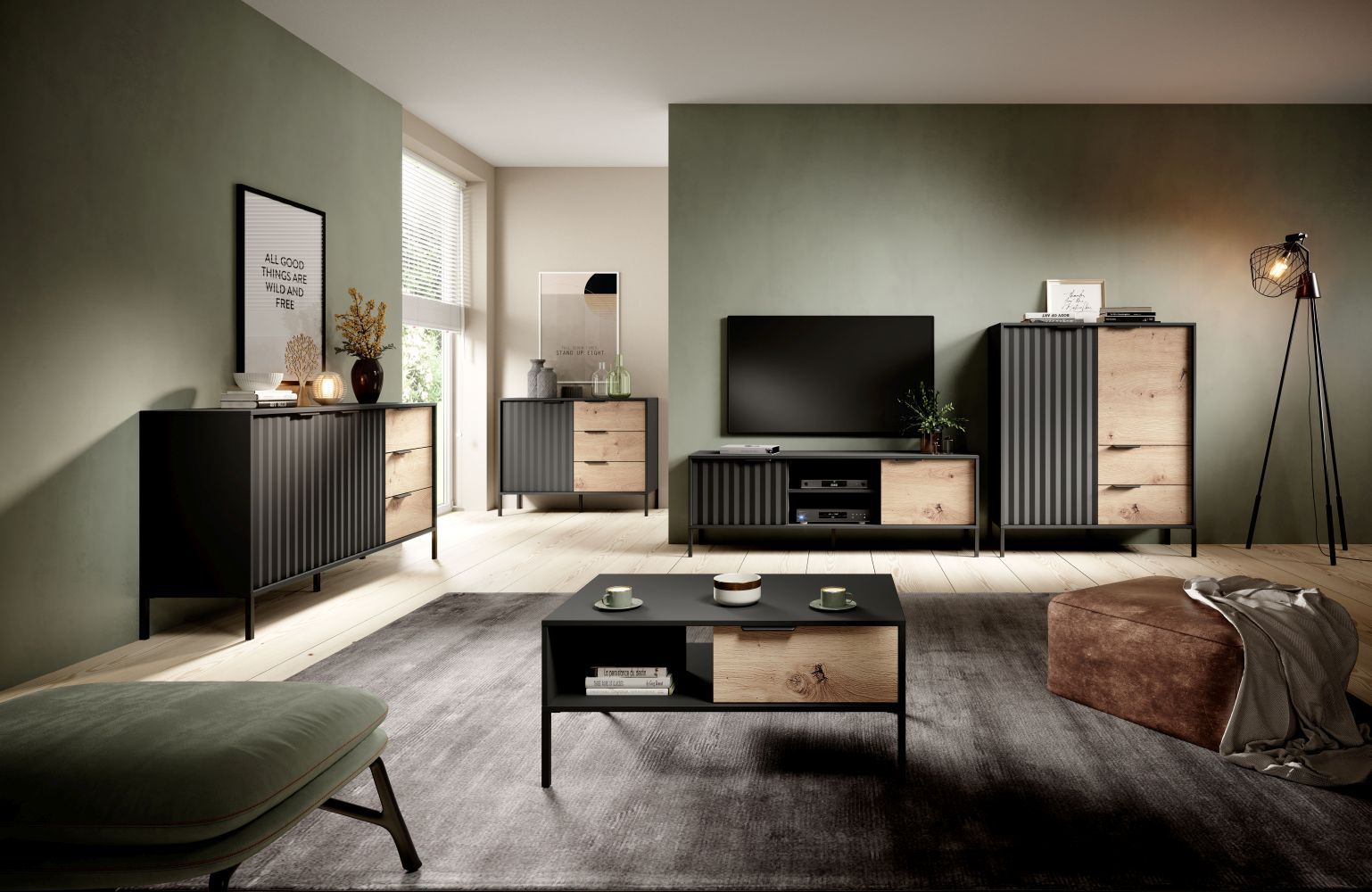 Living room complete - Set C Fouchana, 5 pieces, Colour: Black / Oak Artisan