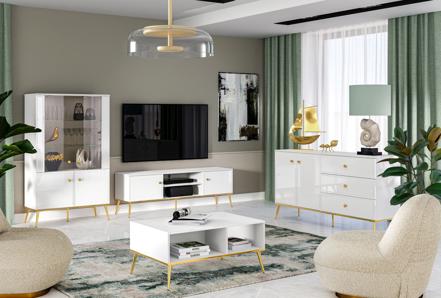 Living room complete - Set A Roanoke, 4-piece, Colour: White / White Gloss