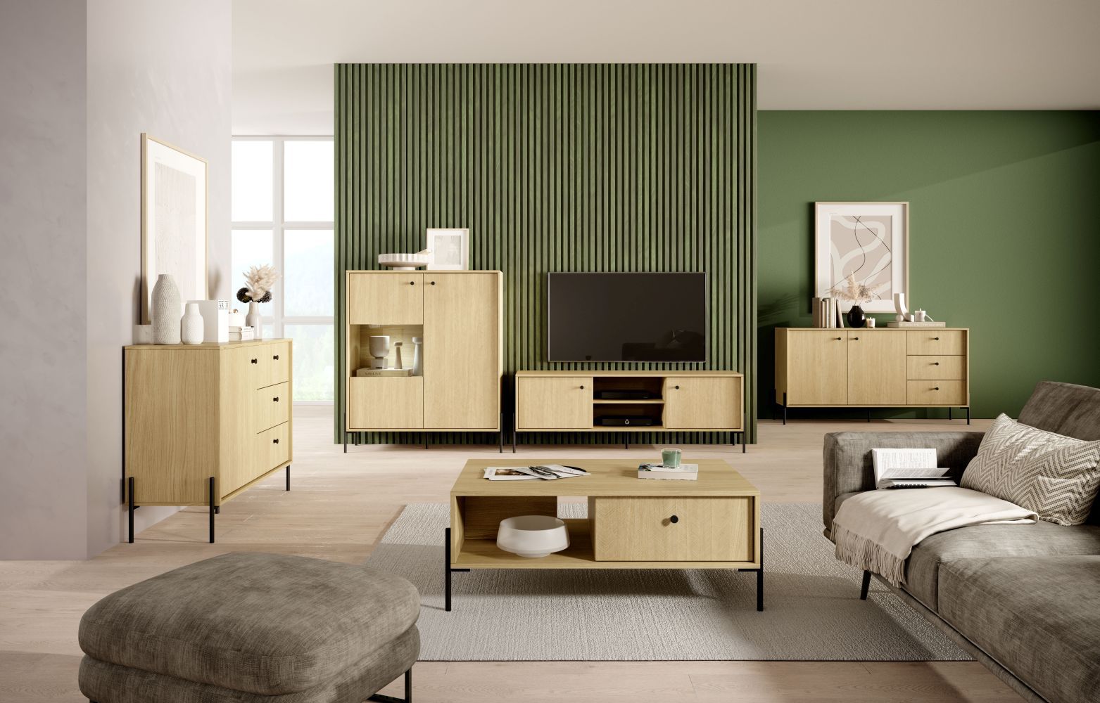 Living room complete - Set B Allegma, 5 pieces, Colour: oak Scandi