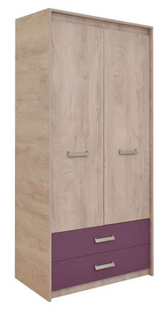 Children's room - Hinged door cabinet / Wardrobe Koa 02, Colour: Oak / Purple - Measurements: 203 x 96 x 52 cm (H x W x D).