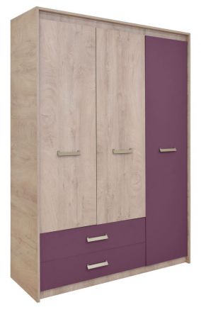 Children's room - Hinged door cabinet / Wardrobe Koa 03, Colour: Oak / Purple - Measurements: 203 x 142 x 52 cm (H x W x D).